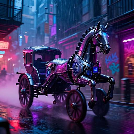 Cyberpunk Renaissance Chariot in Neon Alley
