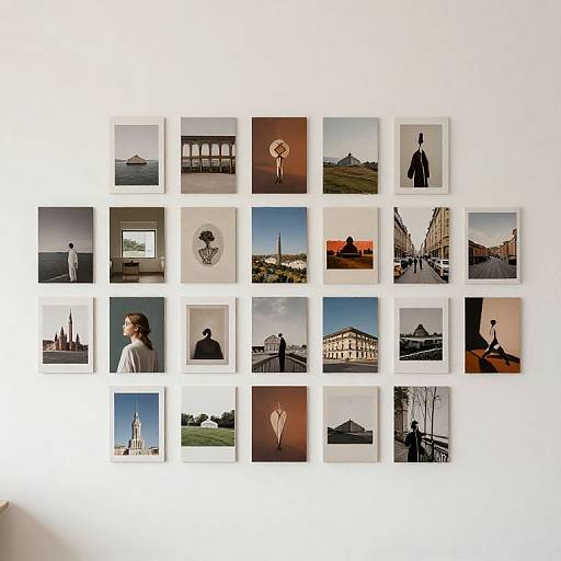 Photograph of a white wall displaying a 4x4 grid of diverse, square, framed photographs featuring landscapes, architecture, people, and abstract images