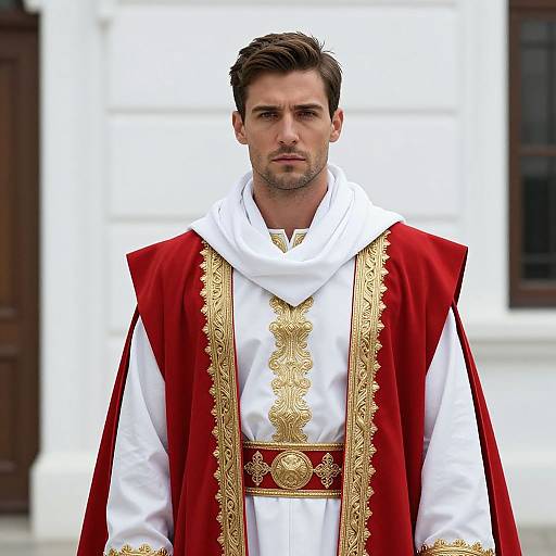 Photograph of a handsome, dark-haired man in ornate red and white clerical robes with gold embroidery, standing in front of a white building.