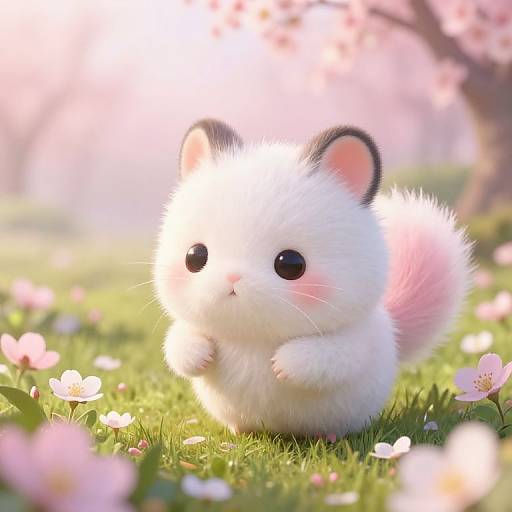 Adorable CGI white hamster with pink tail and black ears, standing on grass with blooming pink flowers, sunlight filtering through cherry blossoms in the