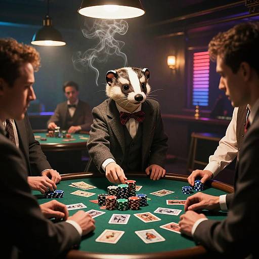 Photograph of a casino scene with a anthropomorphic badger in a suit smoking at a poker table, surrounded by three men in suits, under dim