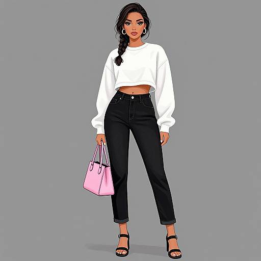 Digital illustration of a stylish woman with long black hair in a braid, wearing a white crop sweater, black high-waisted pants, black heels