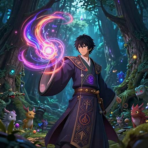 Digital anime-style artwork of a black-haired mage in a dark robe, conjuring a glowing, purple-blue magical flame in a mystical forest with lumines