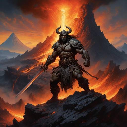 Majestic Warrior Erupting from Volcano