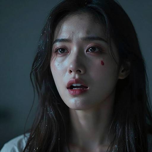 Close-up photograph of a young Asian woman with wet, dark hair, tear-streaked face, and a small red mark on her cheek, illuminated