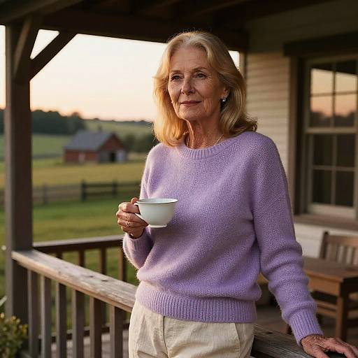 Photograph of an elderly woman with blonde hair, wearing a purple sweater and white pants, holding a white cup on a wooden porch at sunset, with
