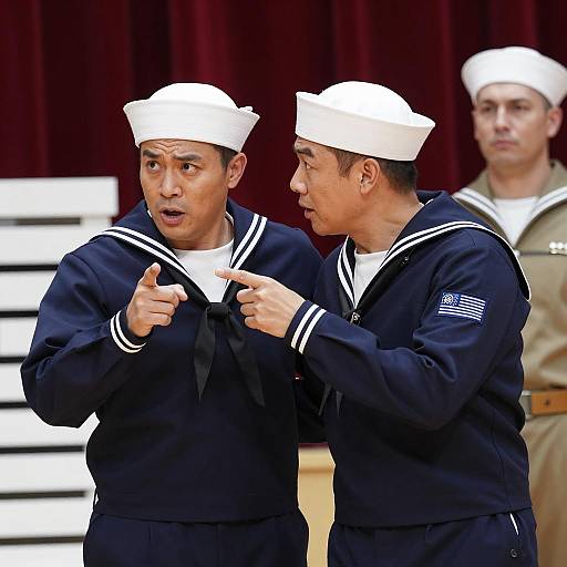 Two Male Sailors in Navy Uniforms Pointing and Talking