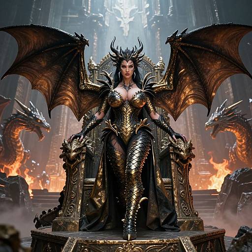 Digital artwork of a seductive, horned, golden-armored demon queen with large black wings, sitting on an ornate throne amidst a fiery,