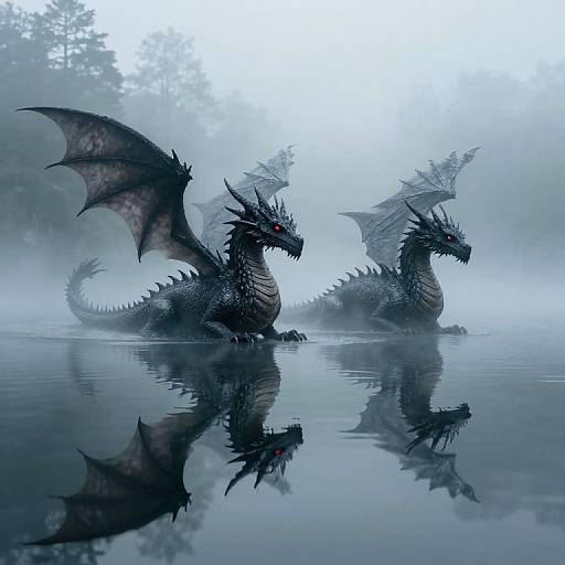 Ethereal Twin-Headed Dragons on Misty Lake