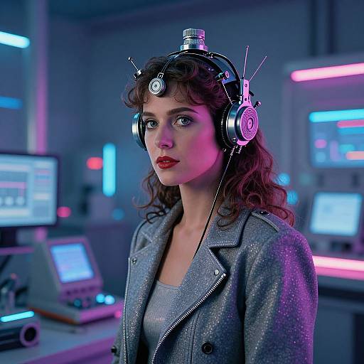 Photorealistic CGI of a curly-haired woman with cybernetic headphones, wearing a sparkly gray jacket, standing in a futuristic, neon-lit