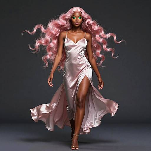 Photograph of a dark-skinned woman with long, wavy pink hair, wearing a shiny white, sleeveless, thigh-high slit dress, and