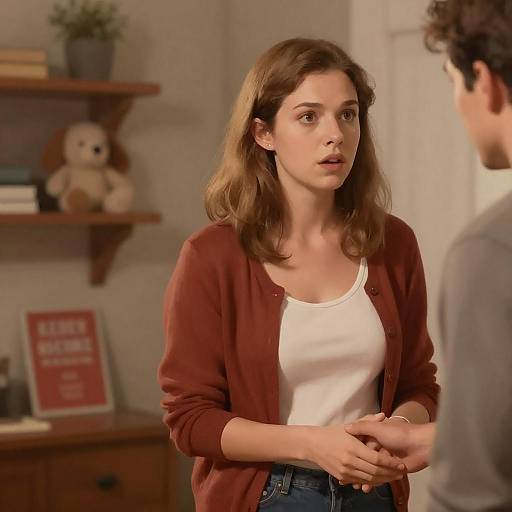 Cozy Encounter: Surprised Woman in Red