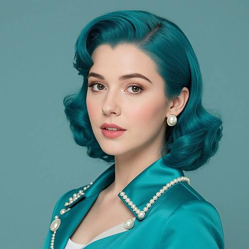 Photorealistic portrait of a fair-skinned woman with teal, wavy hair, wearing a teal satin jacket with pearl trim, and pearl earrings,