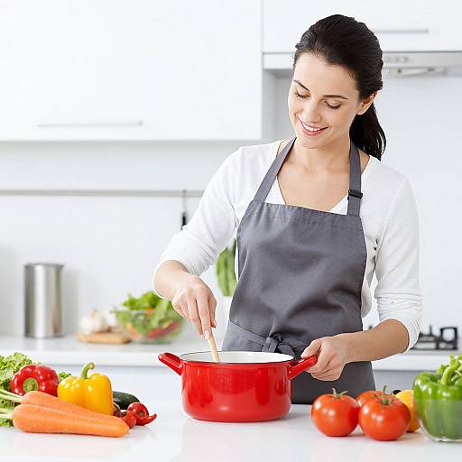 Photograph of a smiling woman with dark hair in a gray apron, stirring a red pot with vegetables on a white kitchen counter.