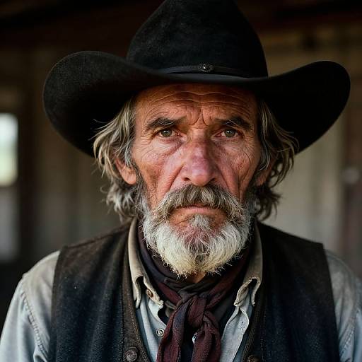 Photograph of an elderly white man with a weathered face, gray beard, and mustache, wearing a black cowboy hat, dark vest, and