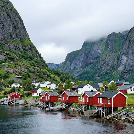 Photograph of vibrant red wooden cabins with white trim, perched on stilts over a calm fjord, surrounded by lush green mountains and cloudy sky