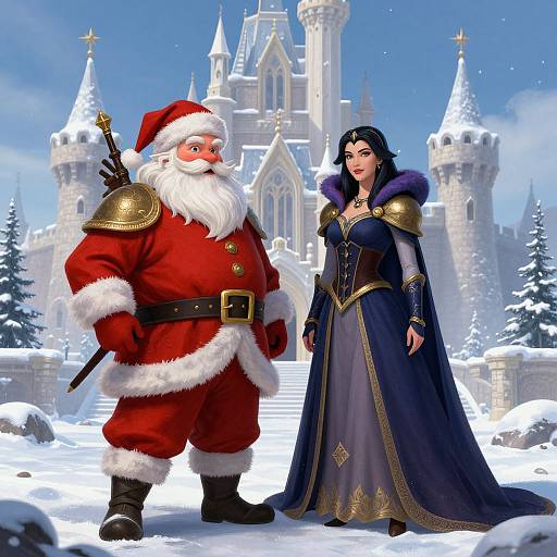 Digital artwork of Santa Claus in red suit with gold shoulder armor and a dark-haired woman in a blue, gold-trimmed medieval gown standing in front