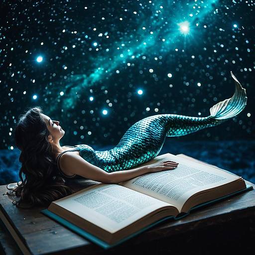 Surreal Mermaid Relaxing on Floating Book in Space
