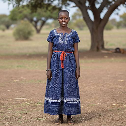 Photograph of a young Black girl standing outdoors, wearing a blue, patterned dress with white trim and red ribbon, under a tree in a grass