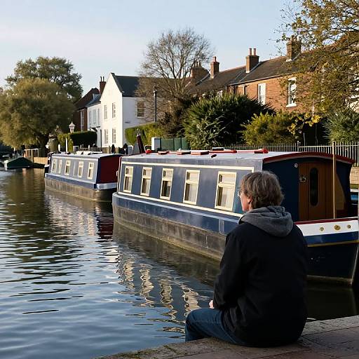 Photograph of a man in a black jacket sitting by a canal, watching blue narrowboats with white-trimmed windows, surrounded by brick houses and