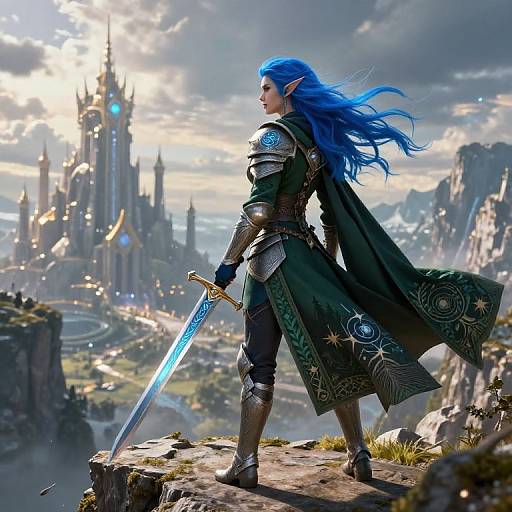 Digital fantasy art: Blue-haired elf warrior with pointed ears, ornate armor, and glowing sword stands on rocky cliff overlooking a majestic, sunlit castle