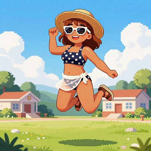 Pixel Art Woman in Vintage Polka-Dot Bikini Jumping Outdoors