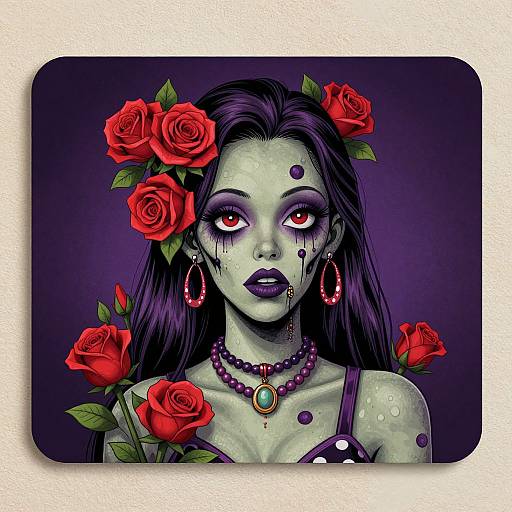 Digital artwork of a pale, green-skinned woman with red eyes, black makeup, and purple lips, adorned with red roses, purple beads, and