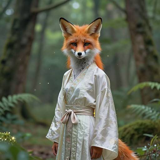 Photograph-style digital illustration of a fox anthropomorphized in a white, floral-patterned kimono standing in a lush, green forest.