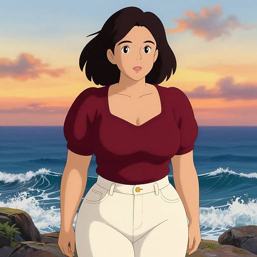 Digital anime-style drawing of a curvy woman with short black hair, wearing a maroon top and white pants, standing on a rocky beach at sunset