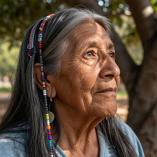 Photograph of an elderly Native American woman with long gray hair, wearing a colorful beaded headband and necklace, gazing thoughtfully into the distance