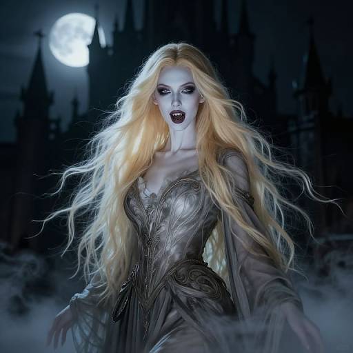 Digital artwork of a pale, undead woman with long, wild blonde hair, dark lipstick, and a medieval-style gown, standing under a full moon in