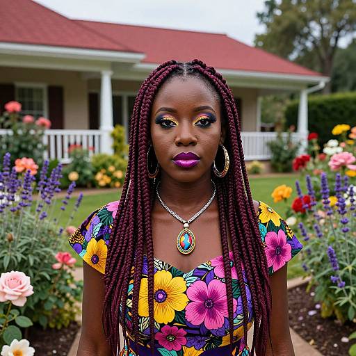 Photograph of a Black woman with long braids, vibrant floral dress, purple lipstick, blue gemstone necklace, standing in a colorful garden with a