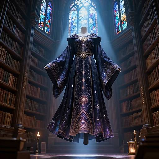 Digital art of a starry, ornate black robe hanging in a dimly lit, Gothic library with sunlight streaming through stained glass windows.