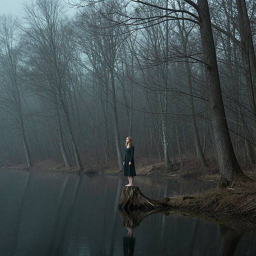 Photograph of a solitary woman in a black dress standing on a tree stump in a foggy, leafless forest by a reflective, dark lake.