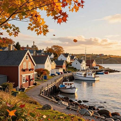 Photograph of a quaint coastal village at sunset, featuring colorful houses, docked boats, autumn leaves, and a calm shoreline.