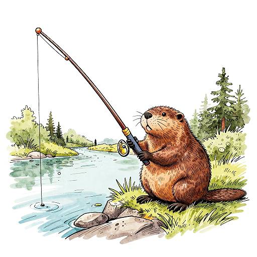 Whimsical Beaver Fishing Illustration