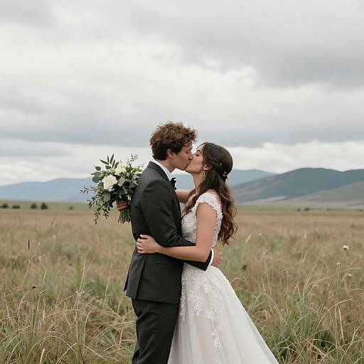 Photograph of a curly-haired groom in a black suit kissing a long-haired bride in a white lace dress, holding a bouquet, standing in a grass