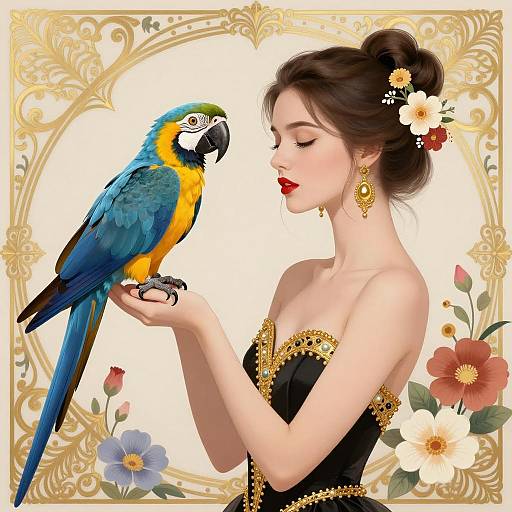 Elegant Woman with Macaw in Floral Beauty