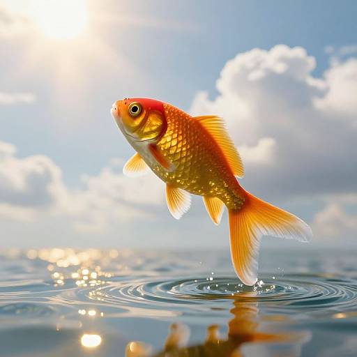 Photograph of a vibrant orange goldfish with intricate scales, leaping out of calm water, creating ripples, against a bright blue sky with fluffy