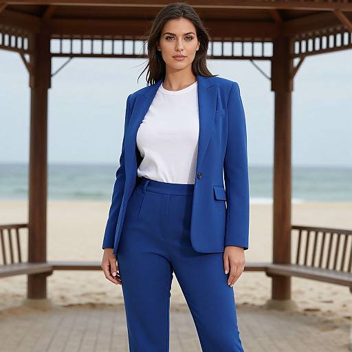 Photograph of a confident woman with long black hair, wearing a blue blazer and high-waisted pants, standing on a wooden beach pavilion