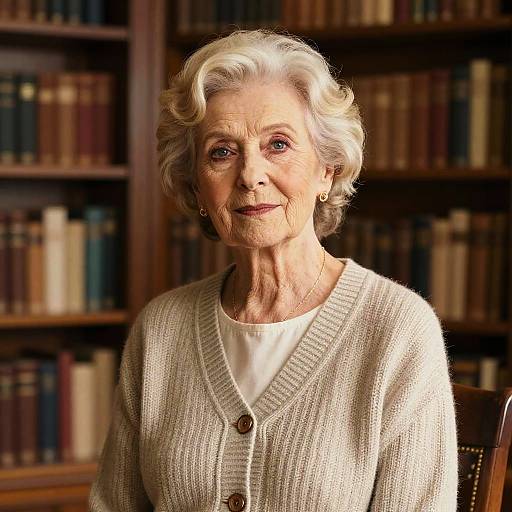Photograph of an elderly white woman with short, curly white hair, wearing a beige cardigan over a white shirt, standing in front of a book