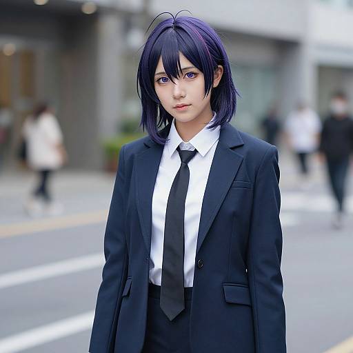 Digital anime-style portrait of a young woman with short purple hair, wearing a black suit, white shirt, and black tie, standing on a blurred city