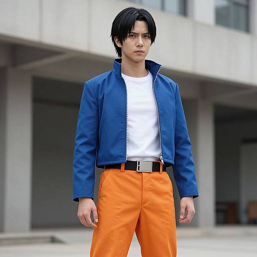 Young Asian man with black hair, wearing blue jacket, white shirt, and bright orange pants, stands confidently outdoors in front of a modern building. Phot