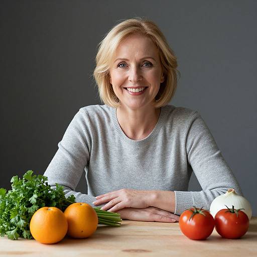 Photograph of a smiling blonde woman in a gray sweater, sitting at a table with oranges, tomatoes, parsley, and a garlic bulb.