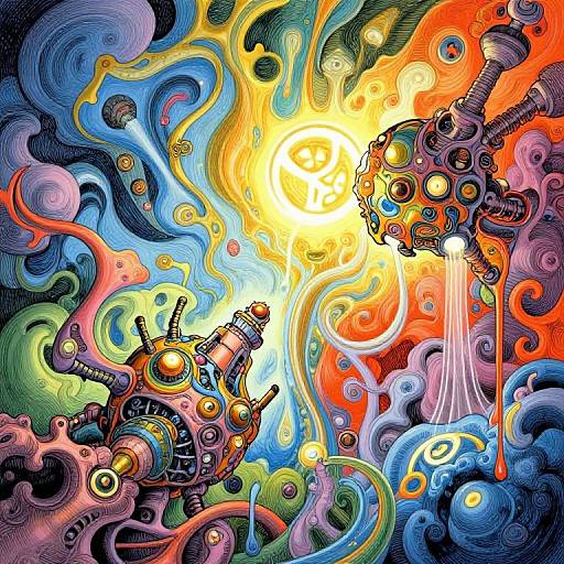 Vibrant, surreal digital artwork of two steampunk robots amidst swirling, colorful cosmic clouds with a bright sun emitting light and energy.