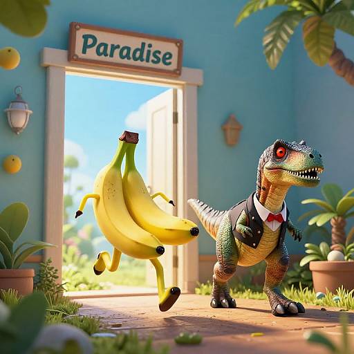 CGI image of a cartoon dinosaur in a suit, standing next to a flying banana, in front of a blue 