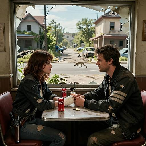 Photograph of a young couple with worn black jackets and ripped jeans, sitting in a diner window, holding hands, facing each other, with a Coca