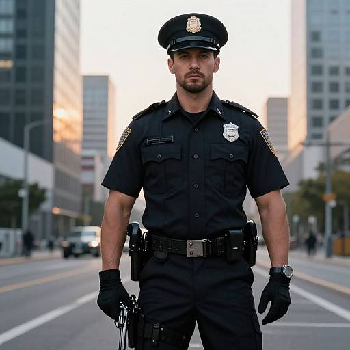 Confident Urban Police Officer at Dawn