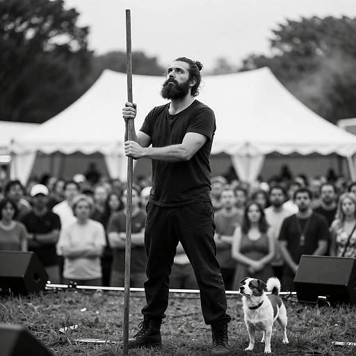 Intense Bearded Man on Grassy Stage