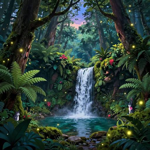 Vibrant digital painting of a lush forest with a cascading waterfall, surrounded by glowing fireflies, ferns, and vibrant red flowers.